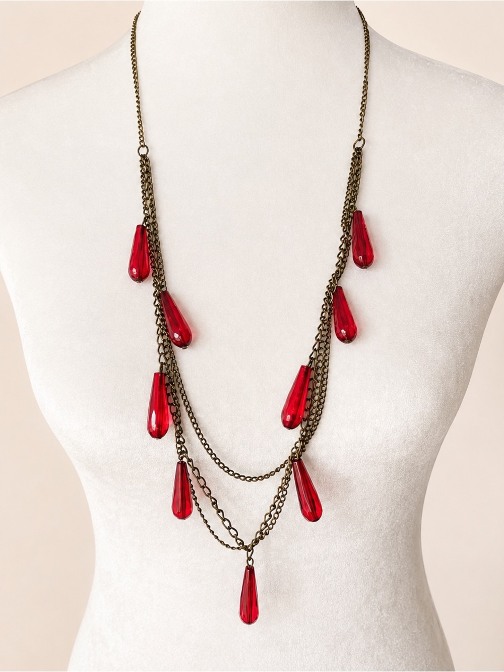 Red Glass Teardrop Fringe Necklace, Layered Chain Boho Statement, Vintage